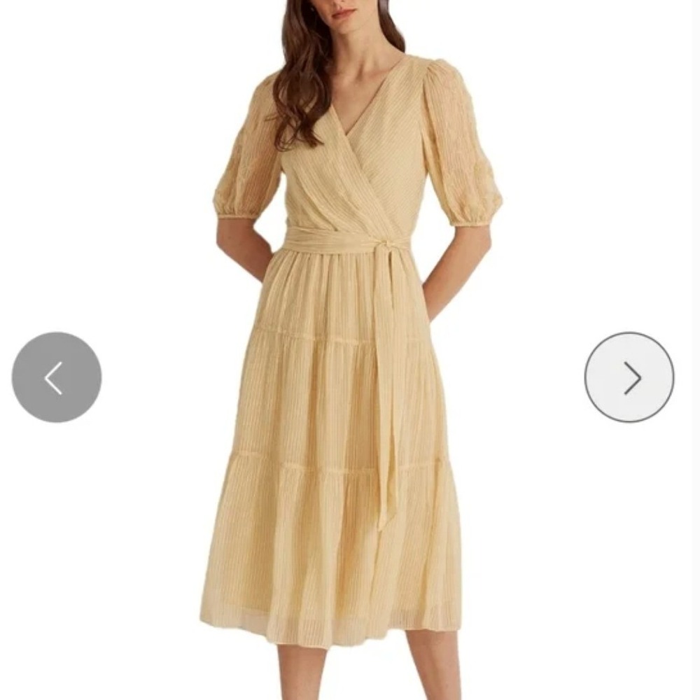 Lauren Ralph Lauren Cotton Stripped Faux Wrap Tiered Midi Dress SZ 14 Quiet Luxe